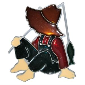 Vntg Handmade Stained Glass Huckleberry Fishing Suncatcher Ornament Pole W Fish